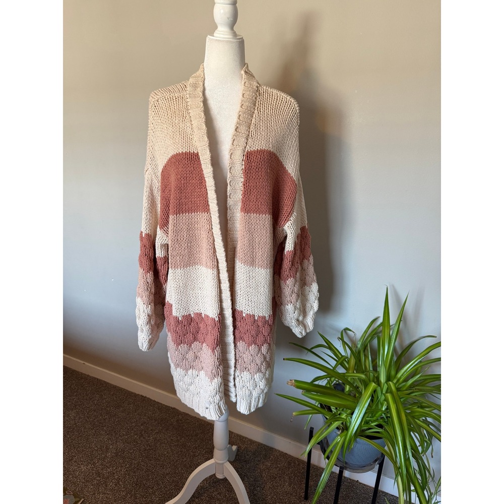 Arula Womens Striped Chunky Knit Cardigan Sweater Cream Pink Boho Sz A- 1X long